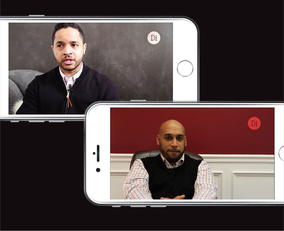 Two smartphones display a video call featuring a man in a dark sweater and light shirt, seated in a chair against a maroon wall with white trim. The phone on the left shows him against a gray background, while the phone on the right shows him against a red background. Both phones display a circular “Df” logo.
