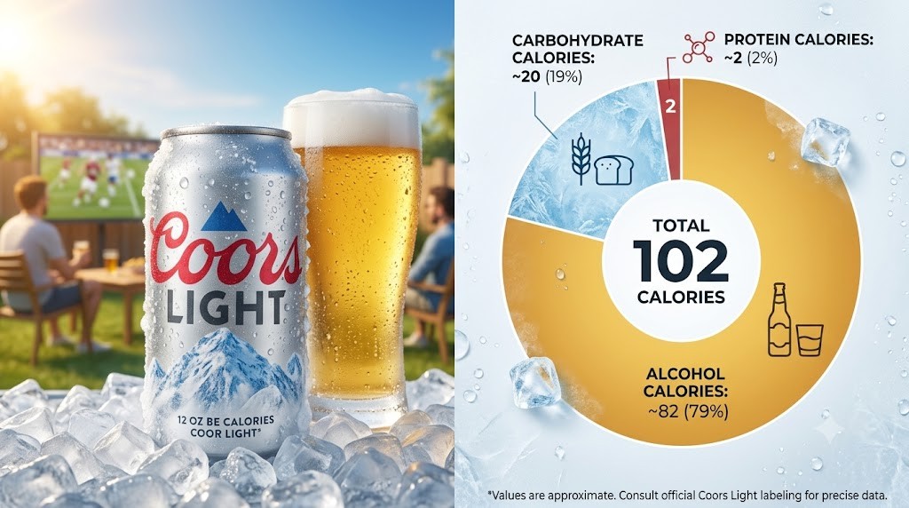 An infographic comparing a cold Coors Light can and glass to a calorie breakdown chart. The chart shows a total of 102 calories, with segments for ~20 carbohydrate calories (19%), ~82 alcohol calories (79%), and ~2 protein calories (2%). The background features a group watching soccer on a patio.
