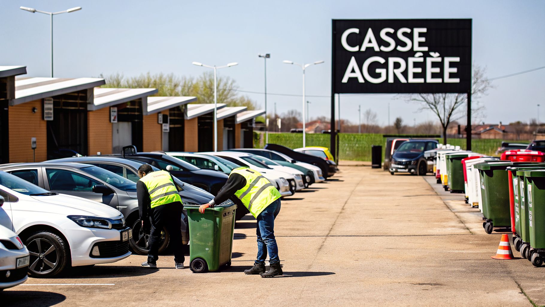 Deux hommes en gilets jaunes poussent des poubelles vertes dans un parking de casse automobile, avec des voitures garées et un panneau 