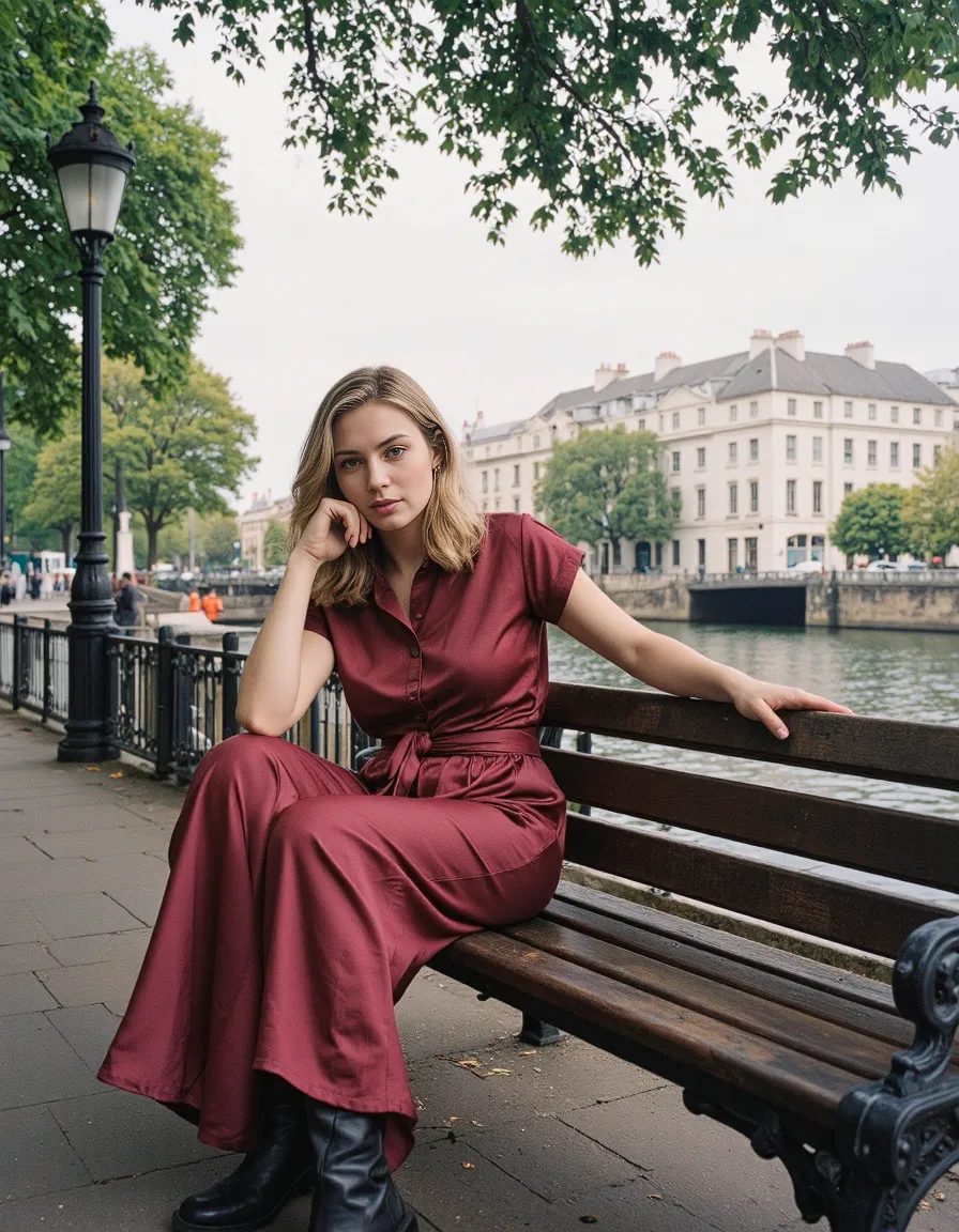 Elegant burgundy dress styled with black boots, showcased on a riverside bench with historic buildings and trees in the background.