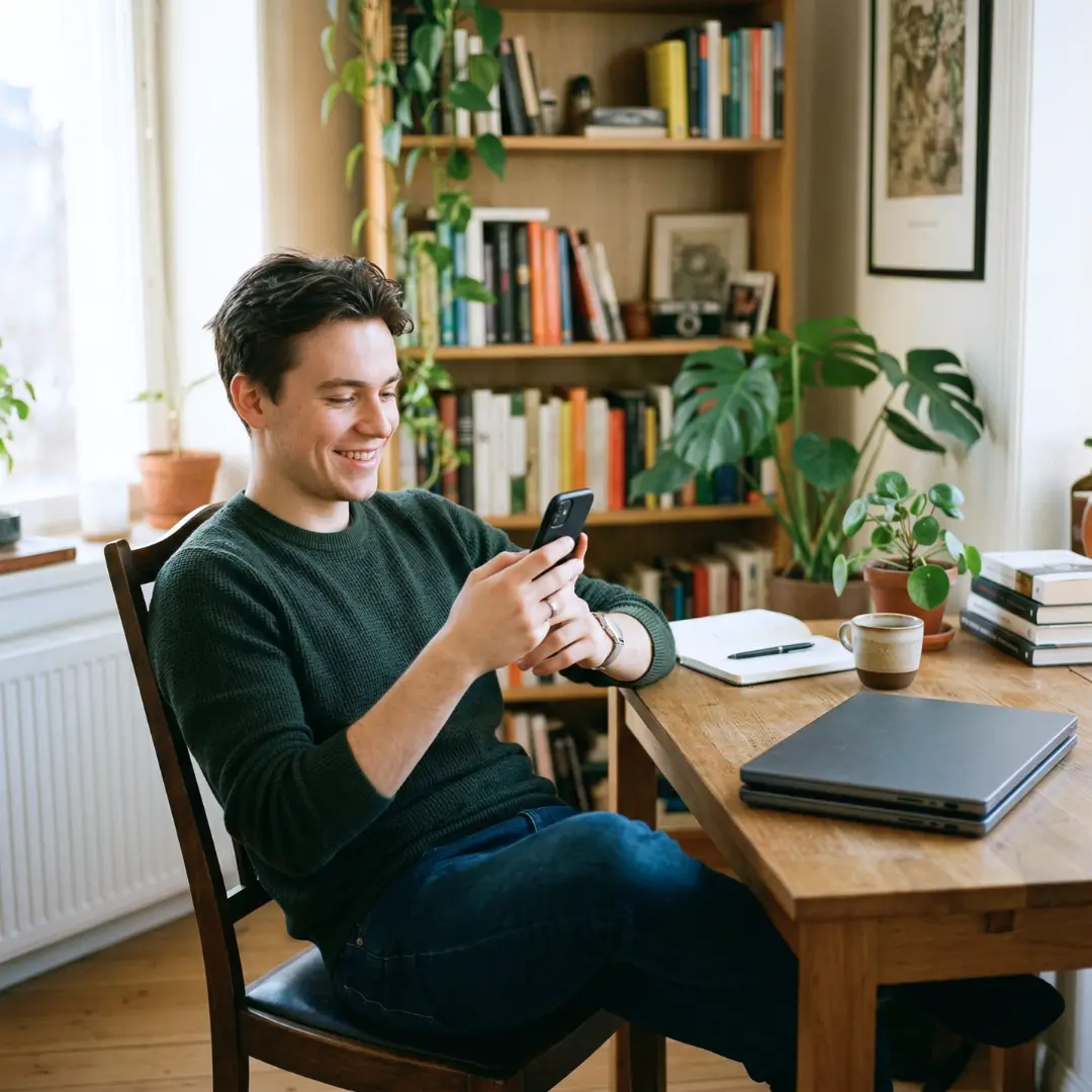 A smiling man uses his smartphone at a wooden desk with a laptop and bookshelves, illustrating an app feature that builds price history for tracked items to help users verify if a sale price is a genuine deal or a manufactured discount.
