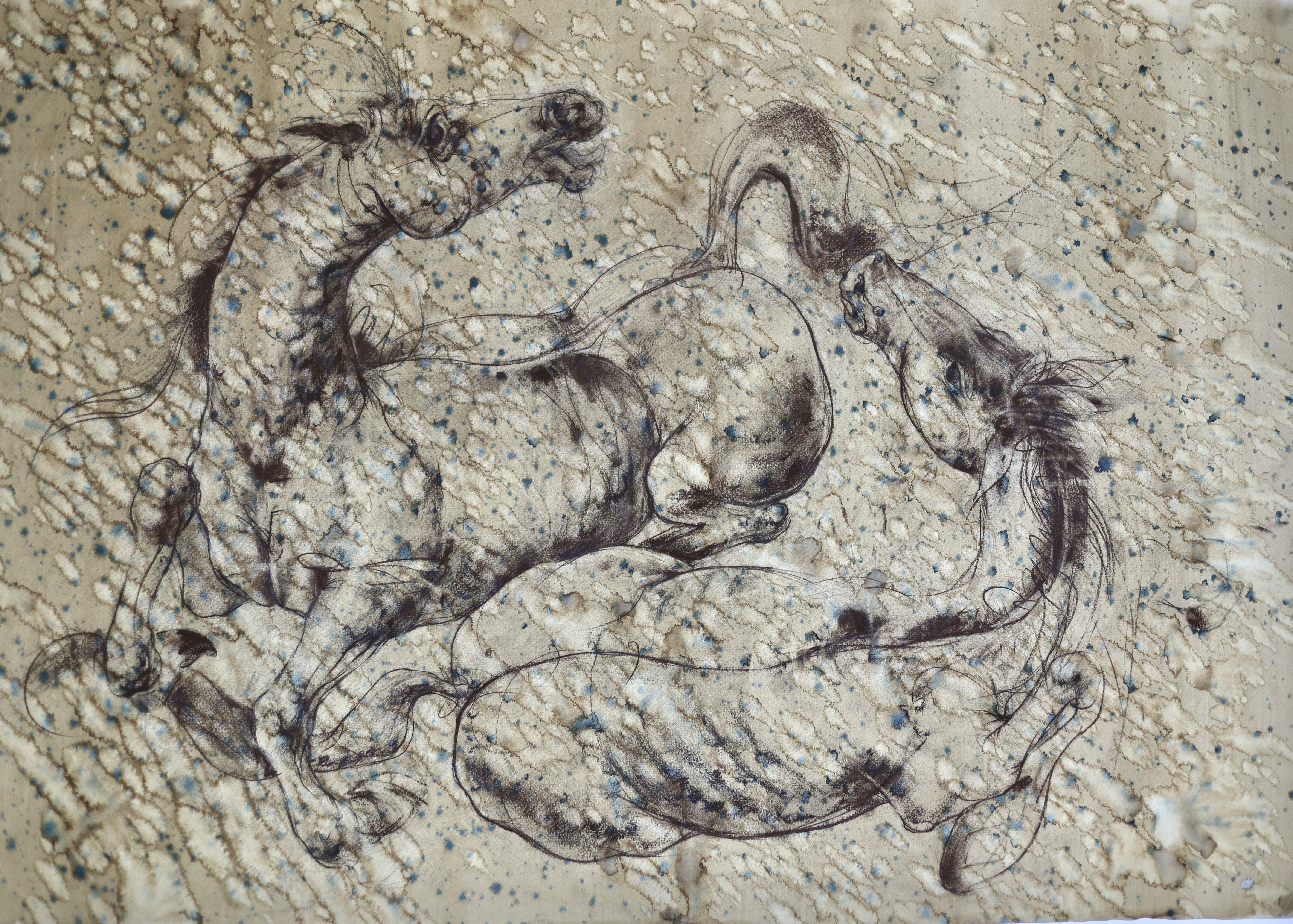 Abstract artwork depicting two intertwined horses, dynamically illustrated with swirling, textured lines on a speckled, beige background.