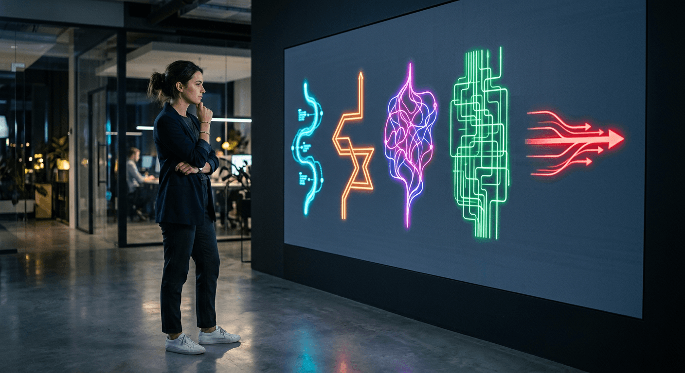 Person evaluating multiple automation platform options displayed as glowing pathways on a modern office wall