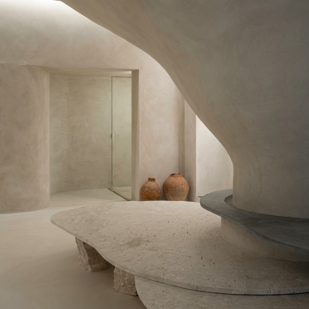 Sculptural interior space with curved plaster walls and built-in tiered stone seating.