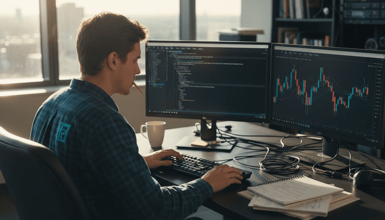 Software engineer coding trading algorithm workspace