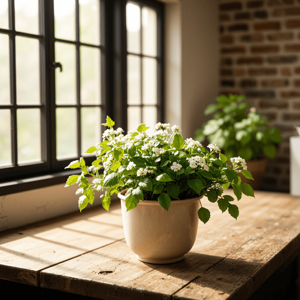 product photography of a potted herb plant with flowers
