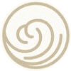 Minimal beige circular brand mark with abstract swirl icon
