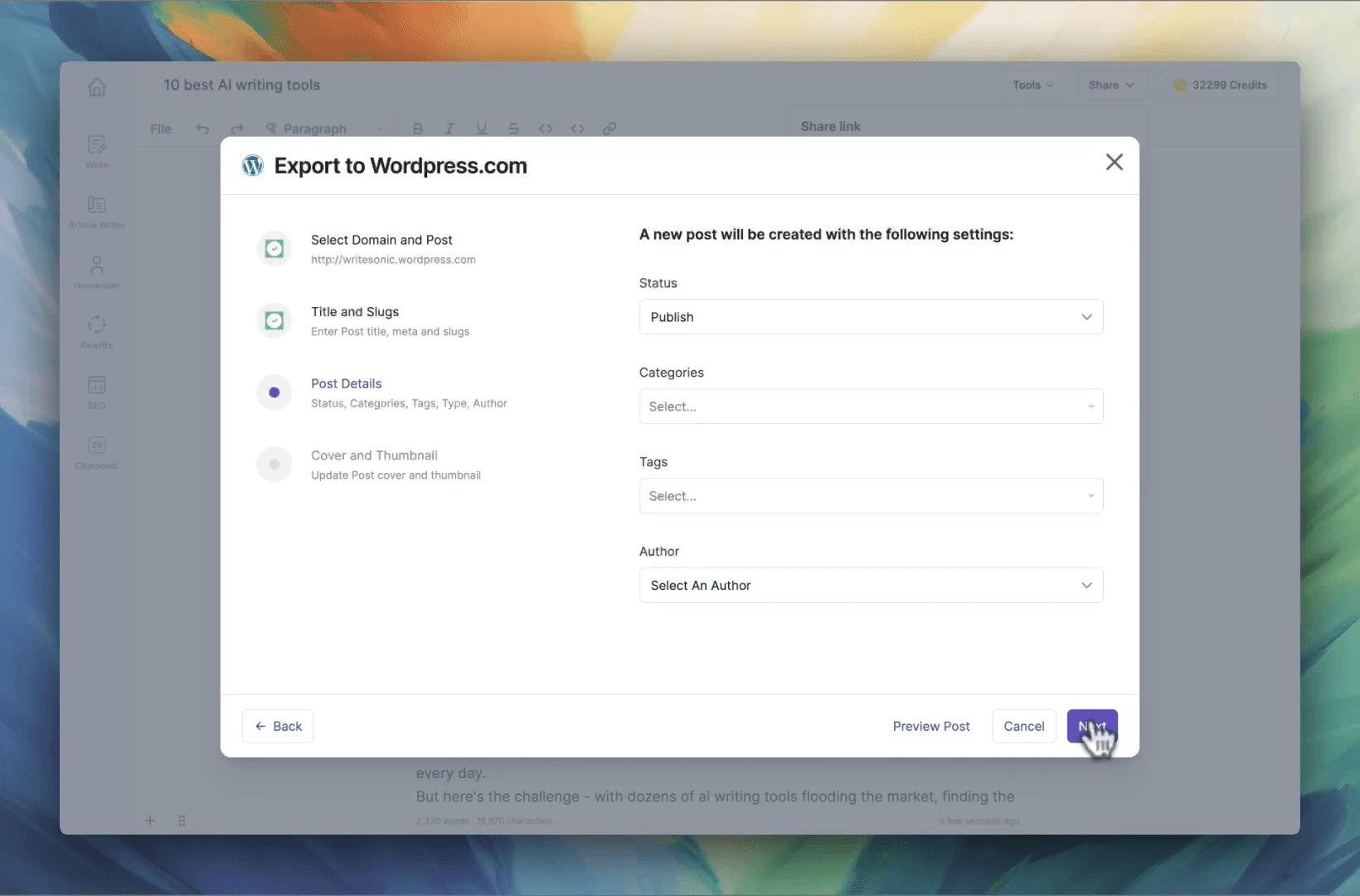 Writesonic post exporteren naar WordPress