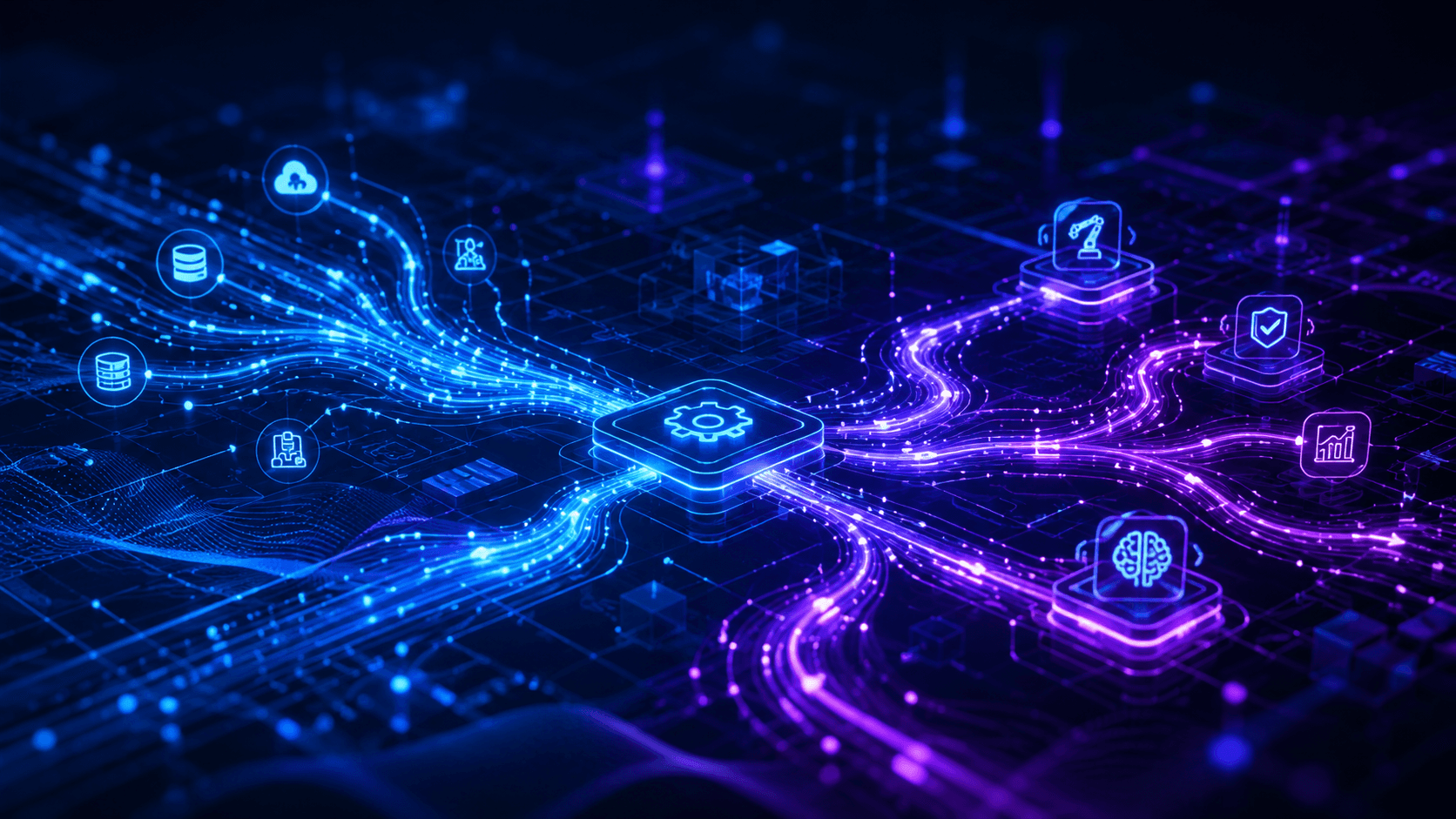 Abstract digital automation pathways with glowing blue and purple lights.
