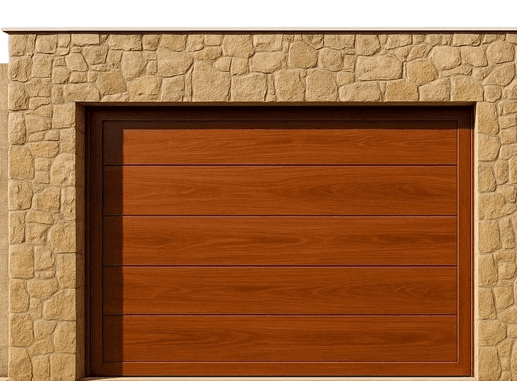 A close-up of a horizontal wood-grain garage door installed within a textured natural stone wall. The high-end residential exterior highlights the combination of timber finishes and masonry craftsmanship.