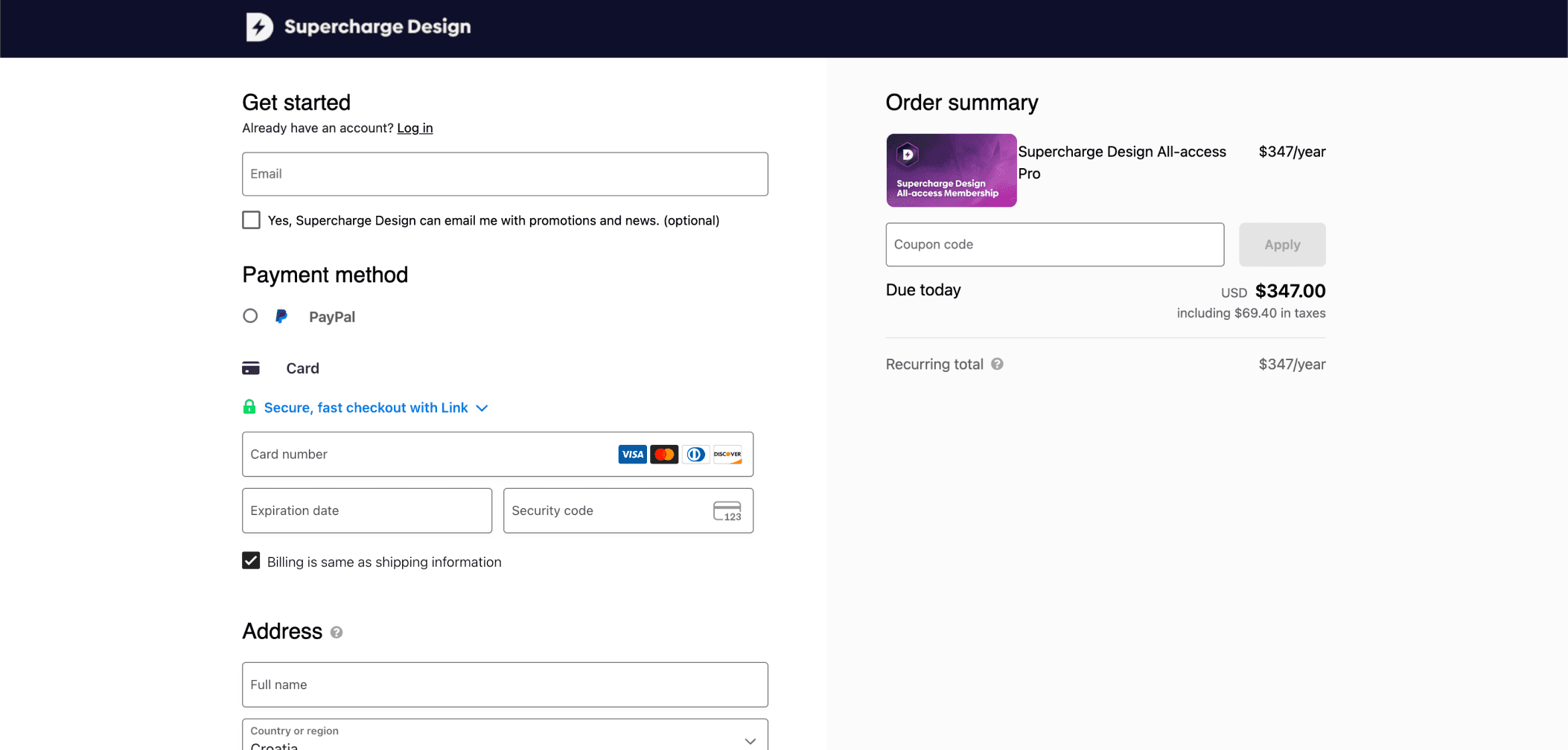 Checkout page for “Supercharge Design” showing email entry, payment method selection (PayPal or card), card details fields, billing address, and an order summary with pricing, coupon input, and total cost.