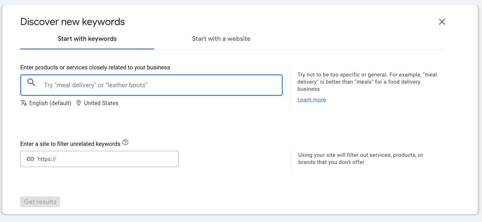 Google Keyword Planner discover new keywords interface with two options - entering keywords manually or using a website URL