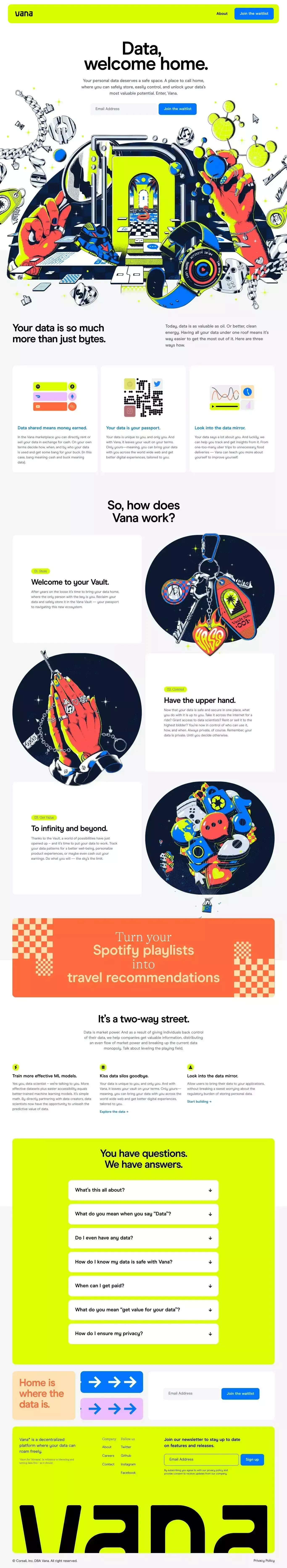 VANA landing page screenshot showcasing Tech design