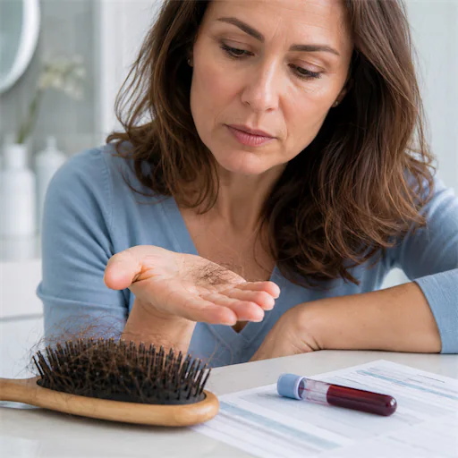 Vrouw bekijkt uitgevallen haren in haar hand naast een haarborstel en bloedonderzoek.