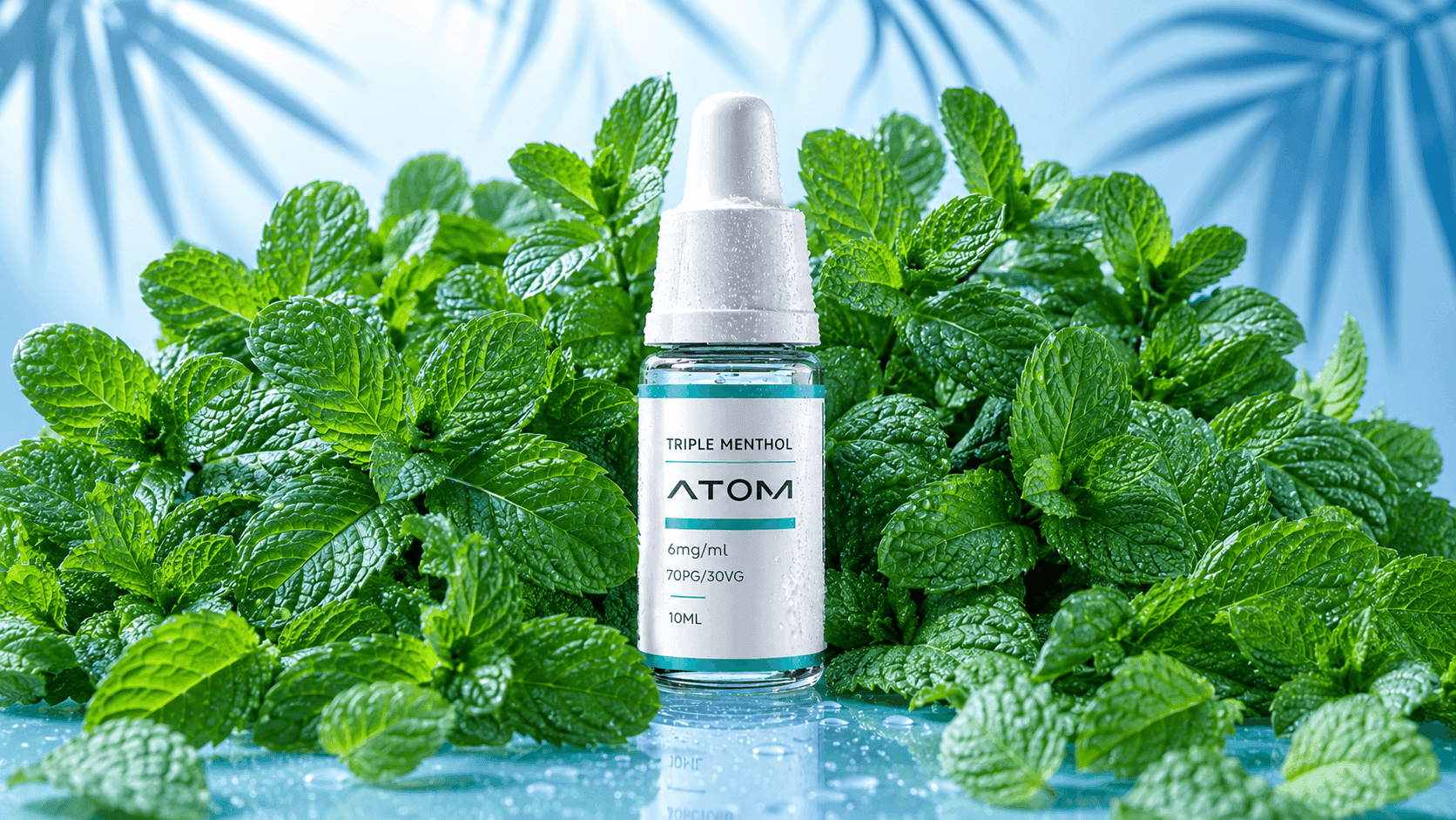 ATOM Triple Menthol e-liquid bottle surrounded by ice cubes and fresh mint leaves in a cool summer product scene.