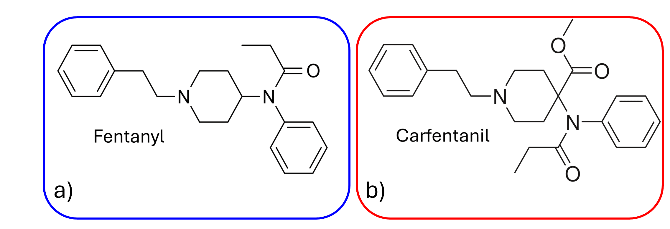 2D molecular structure representation of a) Fentanyl and b) Carfentanil.