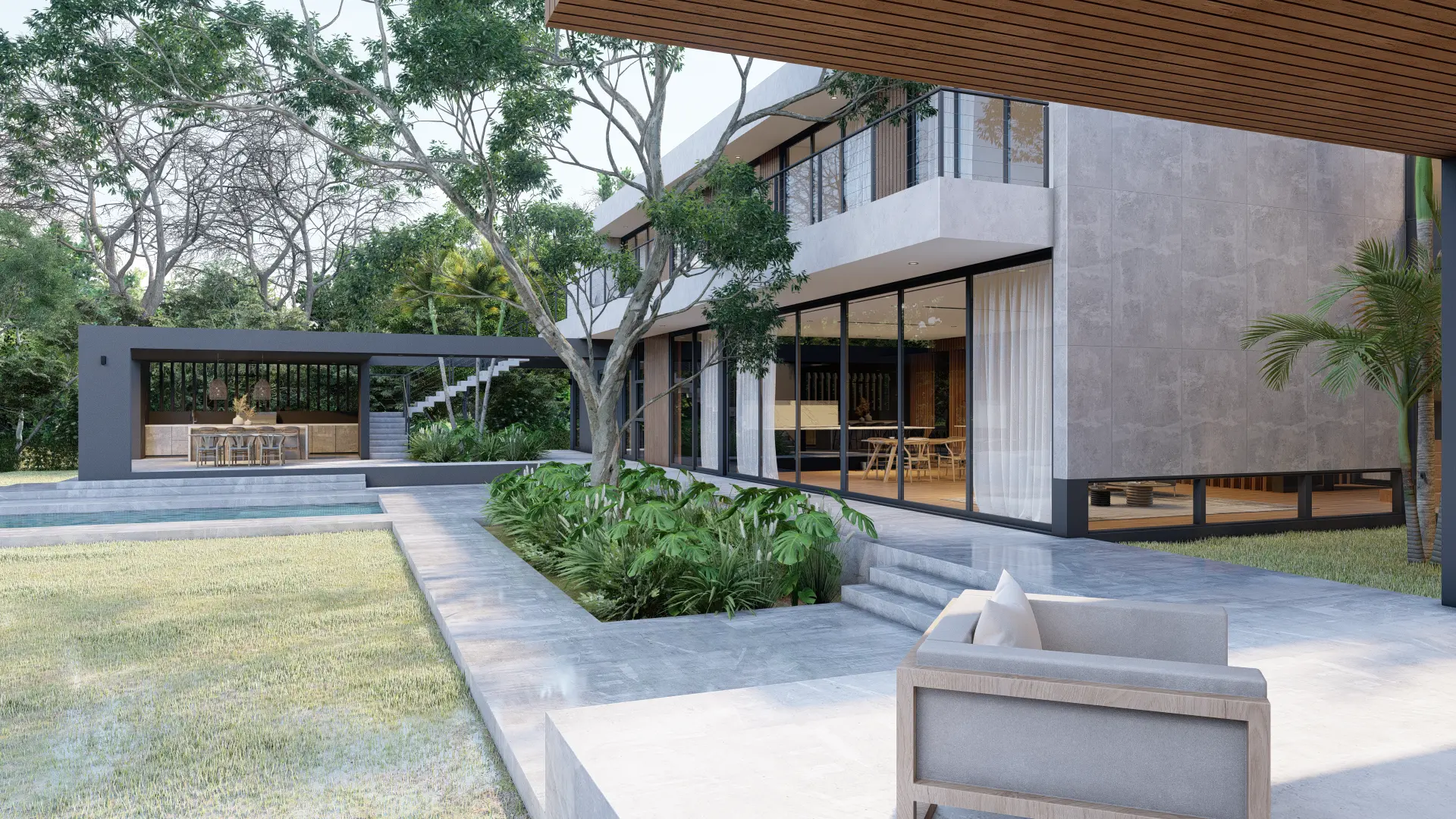 Indoor-outdoor living at a Pinecrest home with floor-to-ceiling sliding glass, a preserved courtyard tree, pool, and concrete terrace
