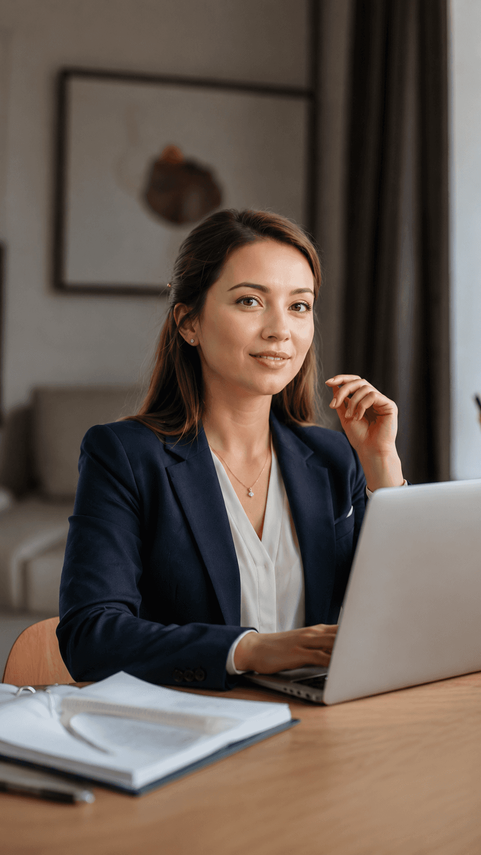 A woman in a business suit sits at a desk, focused on her laptop, with a professional demeanor.