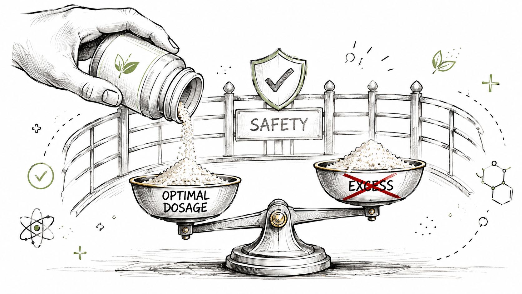 A hand pouring supplements into a scale comparing optimal dosage versus excess for health safety illustration.