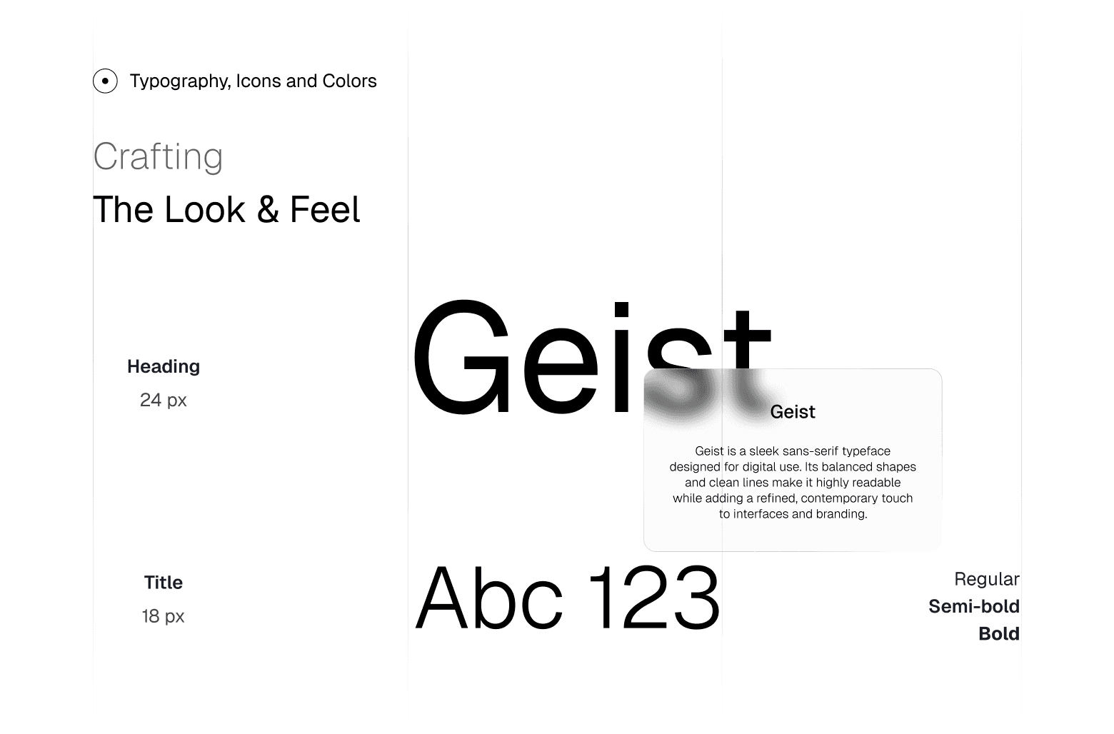 Typography and branding style guide showing Geist font and text hierarchy.