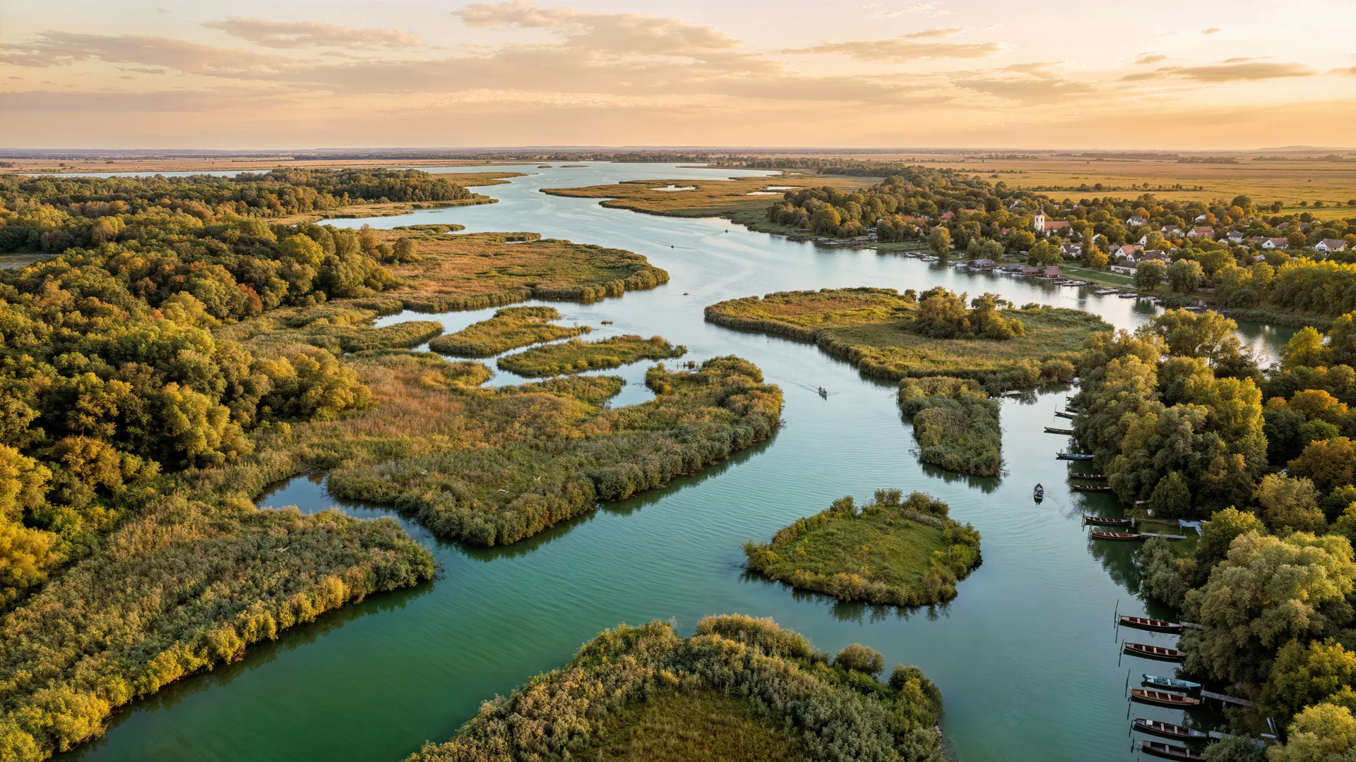 Napnyugtai drónfelvétel a poroszlói Tisza-tó árteréről: kanyargó csatornák, nádasszigetek és dús ártéri növényzet — a Zátonyerdő projekt természeti környezete.