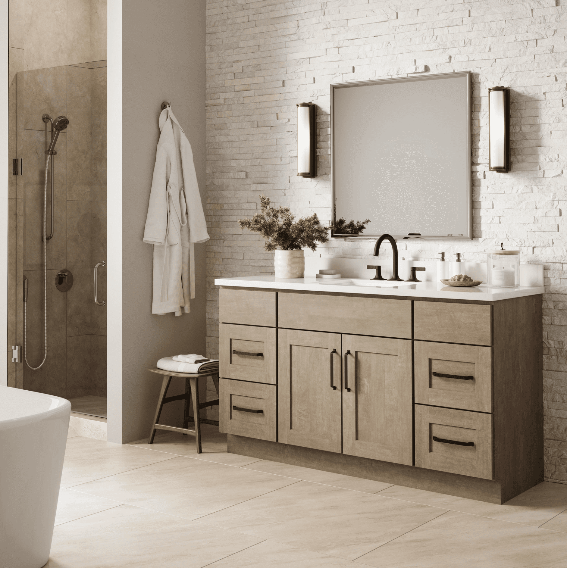 Modern bathroom with a wood vanity, brick accent wall, and walk-in shower, representing KSI's bath design work.