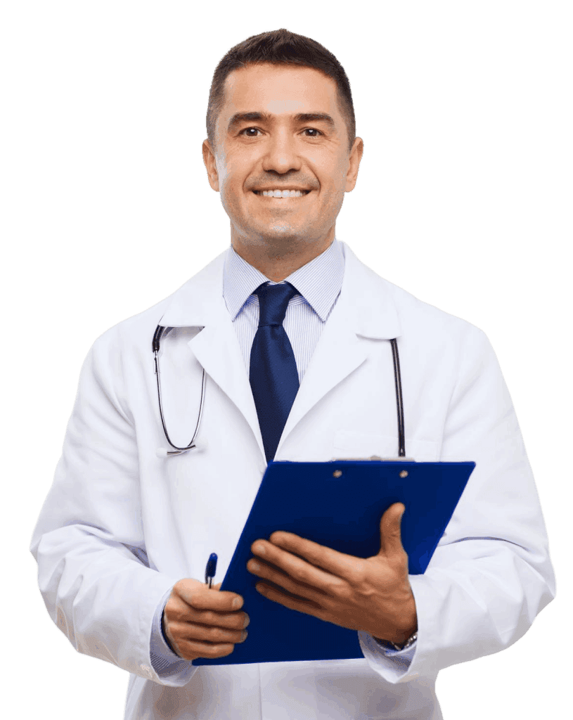 A male doctor holding a clipboard, ready to provide medical care and record patient information.