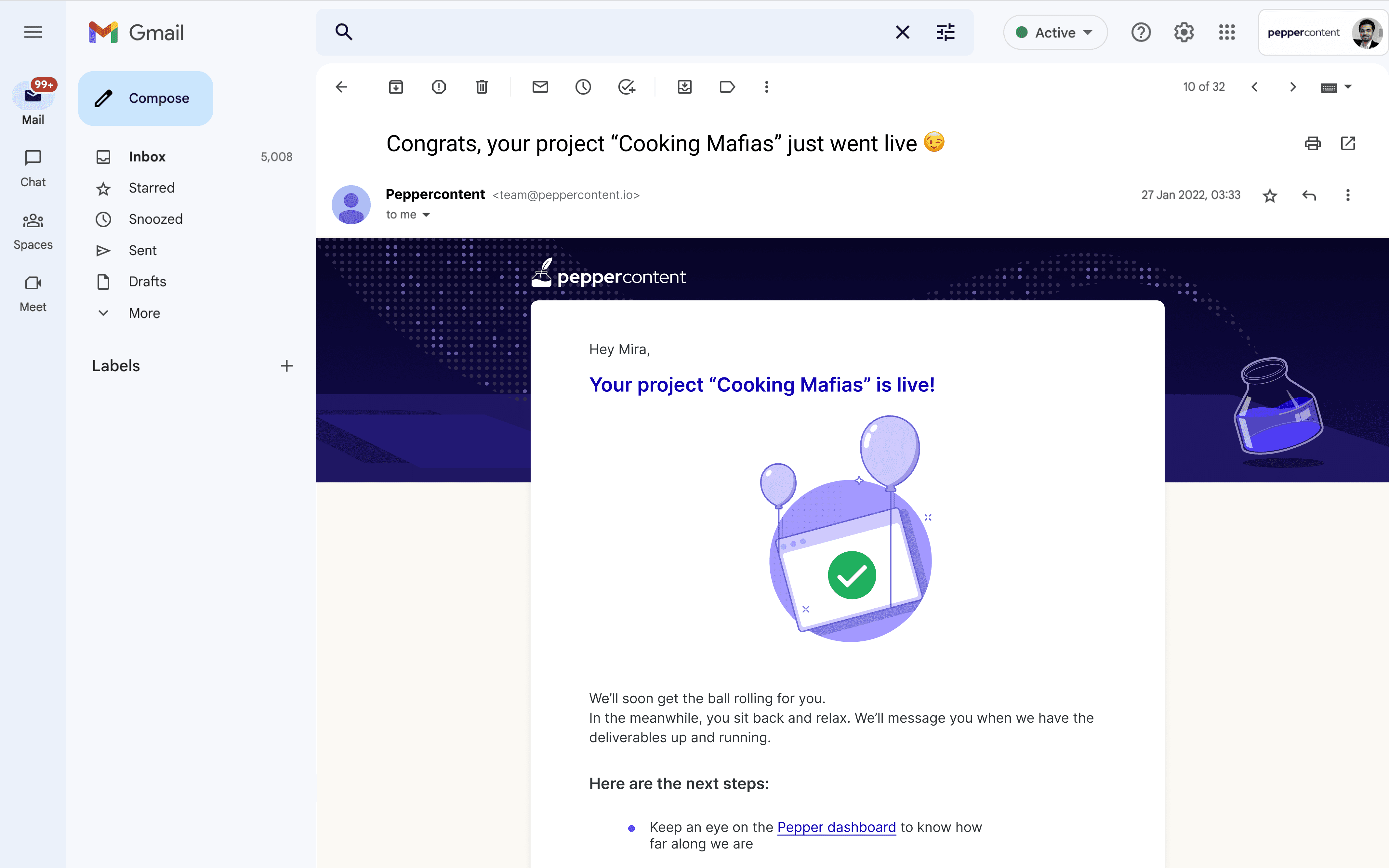 Gmail inbox with an email from Pepper Content that says "Your project is live", with an illustration of a computer screen with a green check mark inside, tied to two balloons.
