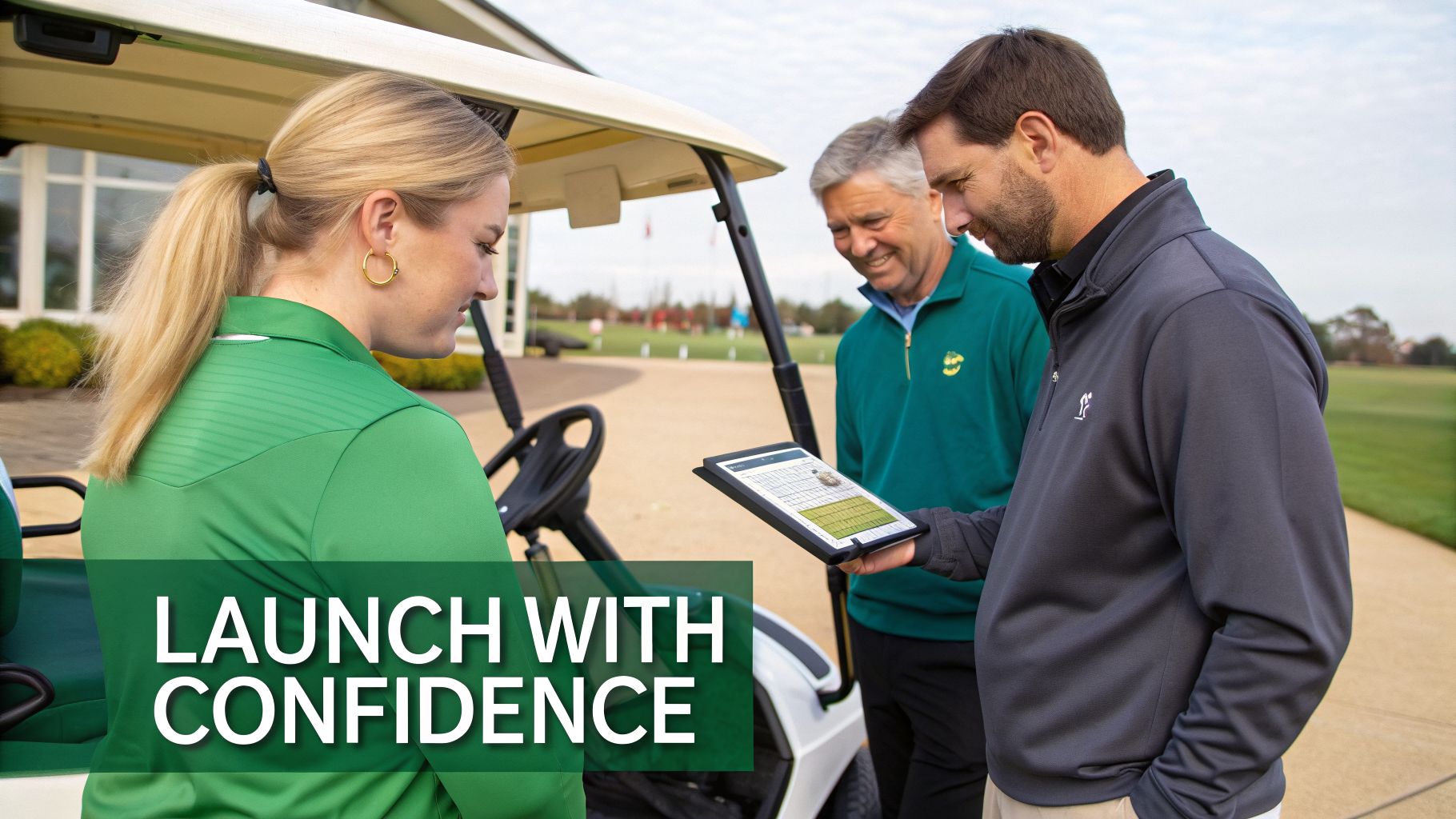 Three golf course staff or players review data on a tablet next to a golf cart.