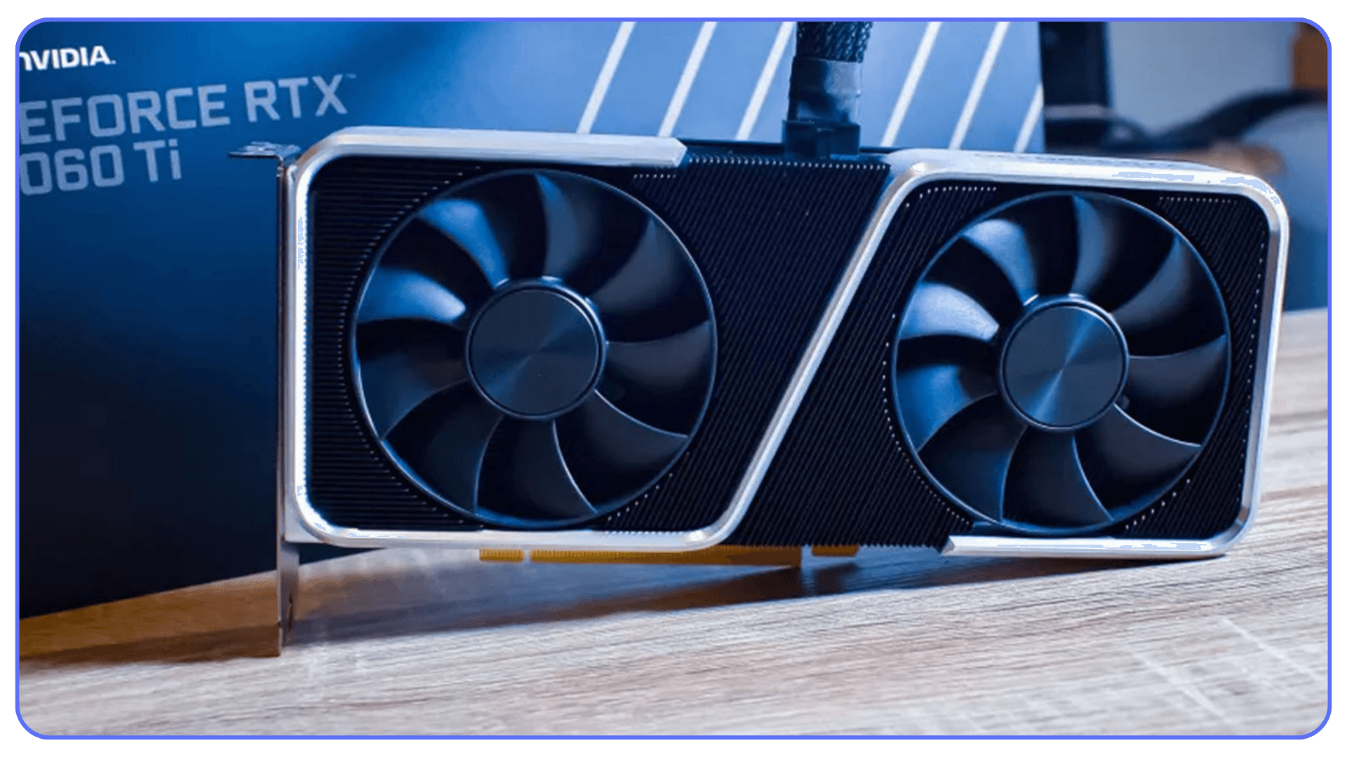 NVIDIA GeForce RTX 3060 Ti graphics card on a desk, an example of a mid-range GPU suitable for 2D and light 3D AutoCAD workflows.