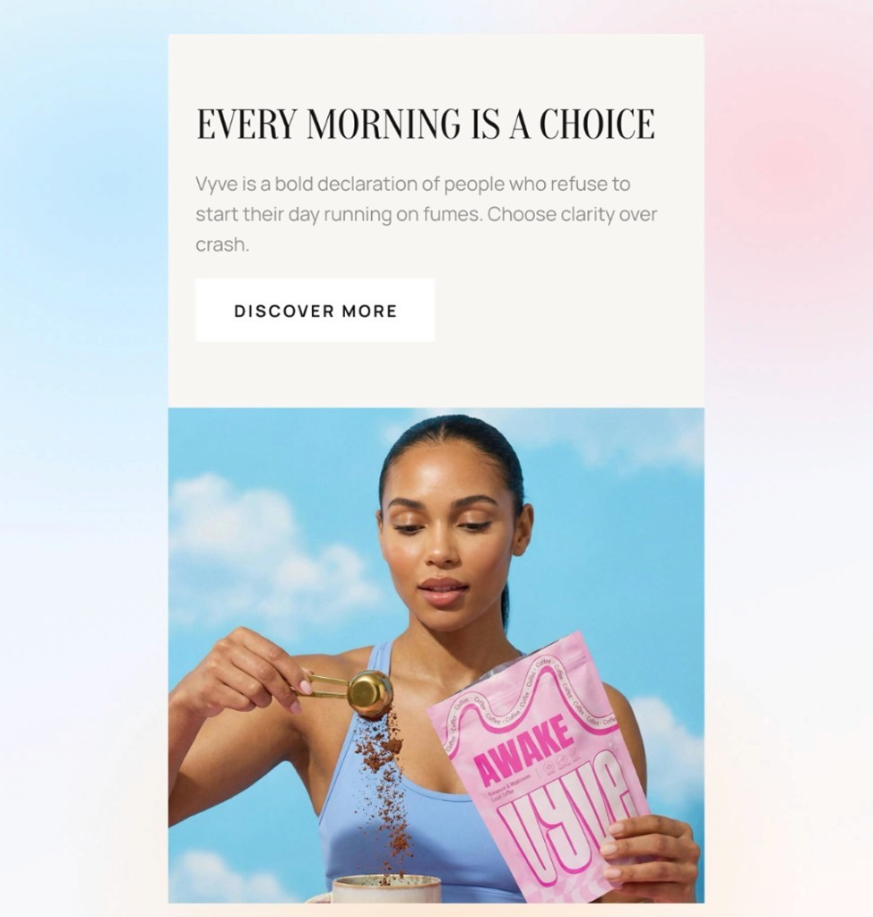 Vyve mobile editorial section with Every morning is a choice manifesto and lifestyle photography