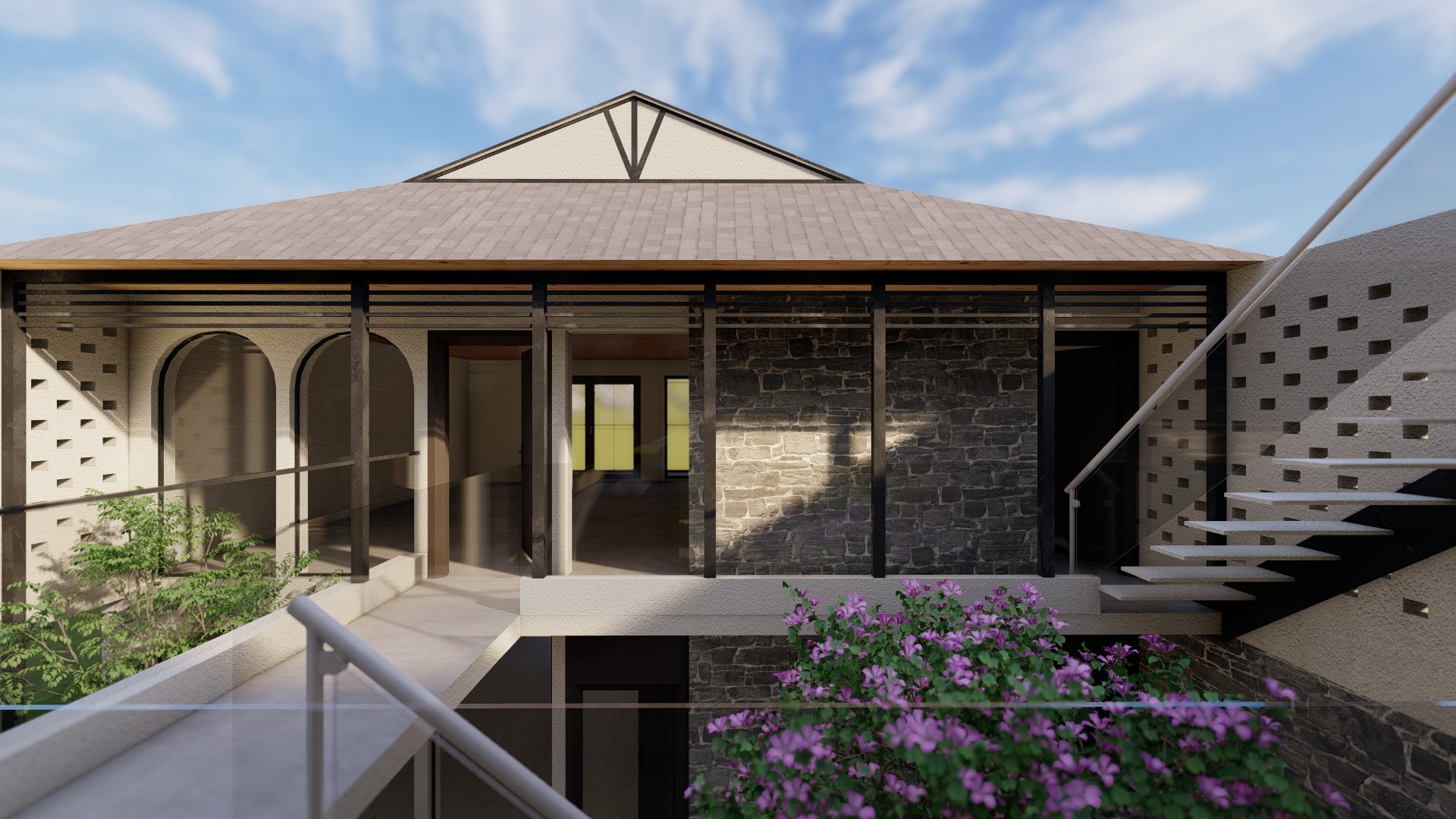 Light and shadow: The perforated screen walls create a dynamic play of light, framing the central stone structure and the sleek floating staircase