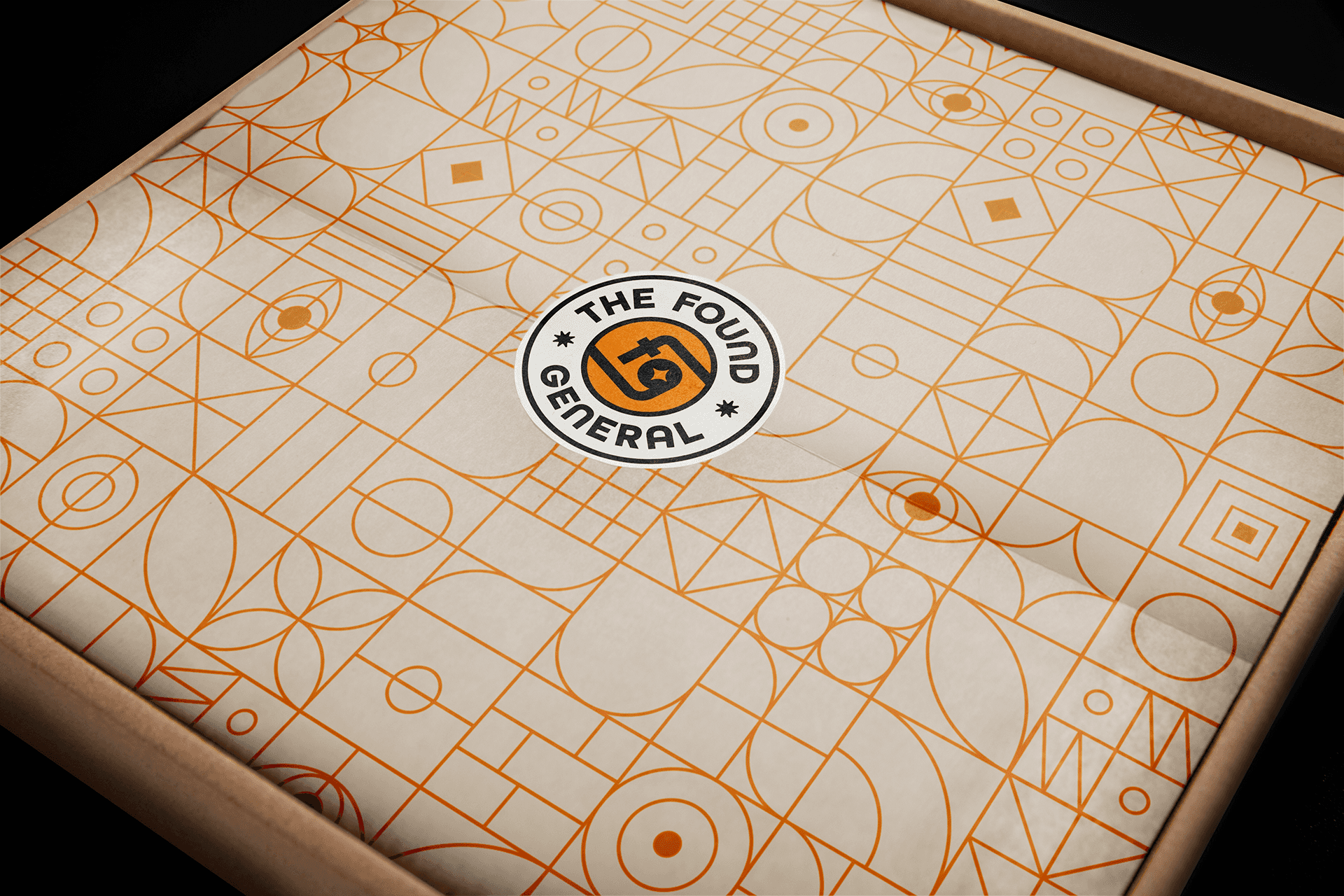 The Found General branded tissue and sticker packaging