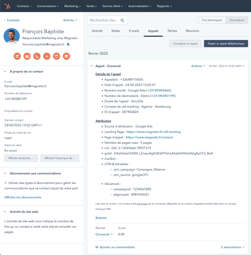 Données Magnétis dans Hubspot