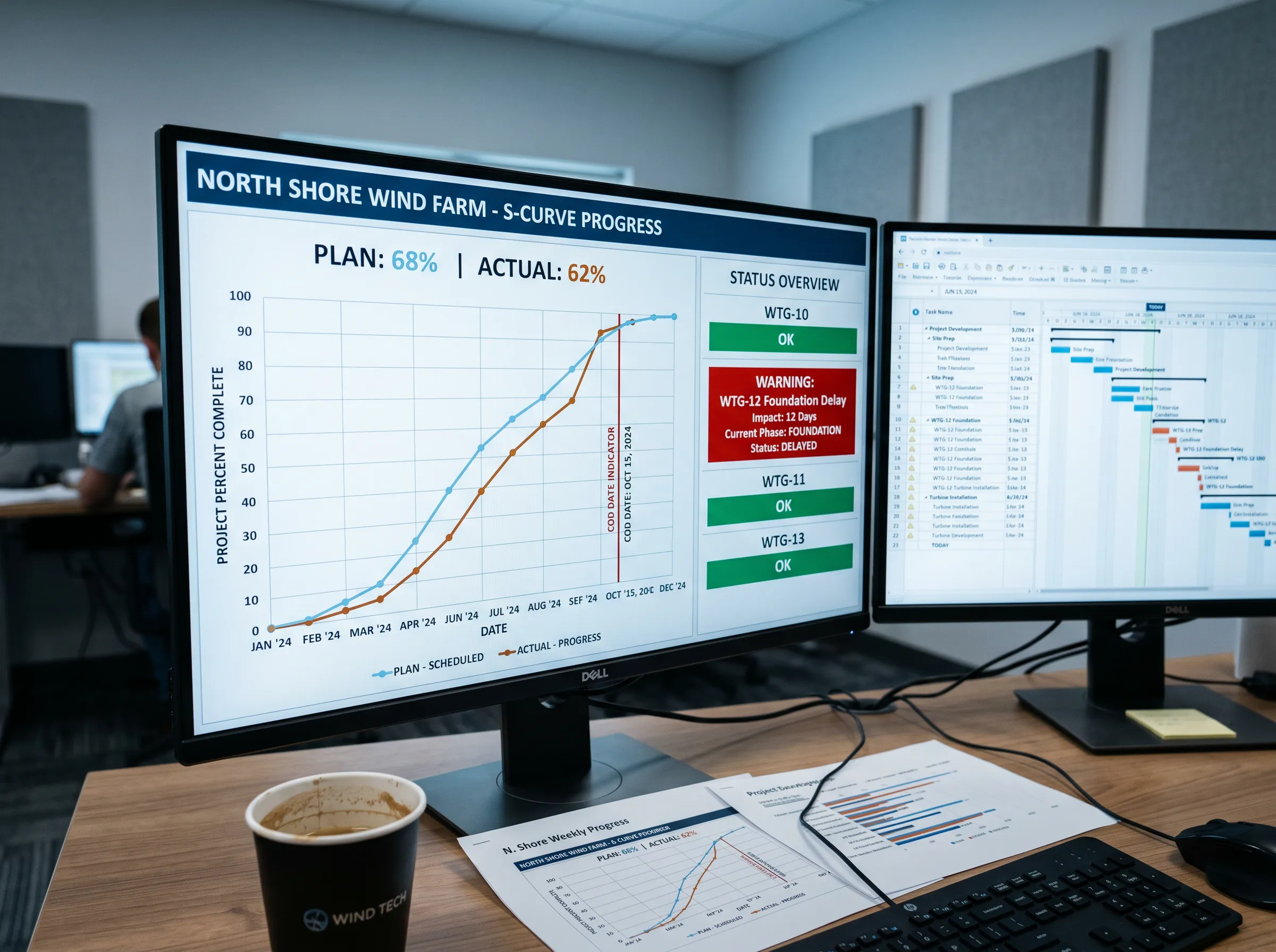 Office workspace with dual monitors displaying wind farm project progress charts and scheduling data, with printed reports and a coffee cup on the desk.