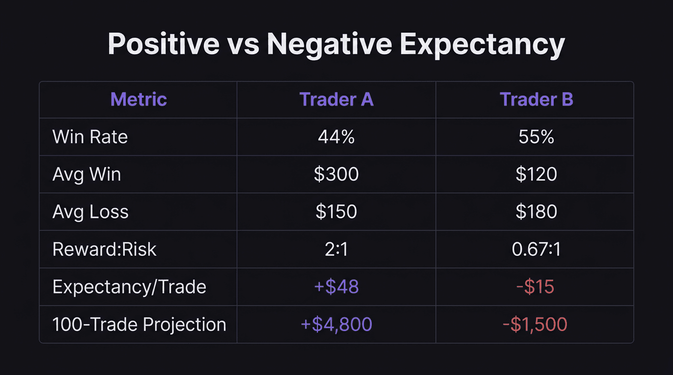 Comparison table showing a positive expectancy walkthrough versus a negative expectancy walkthrough