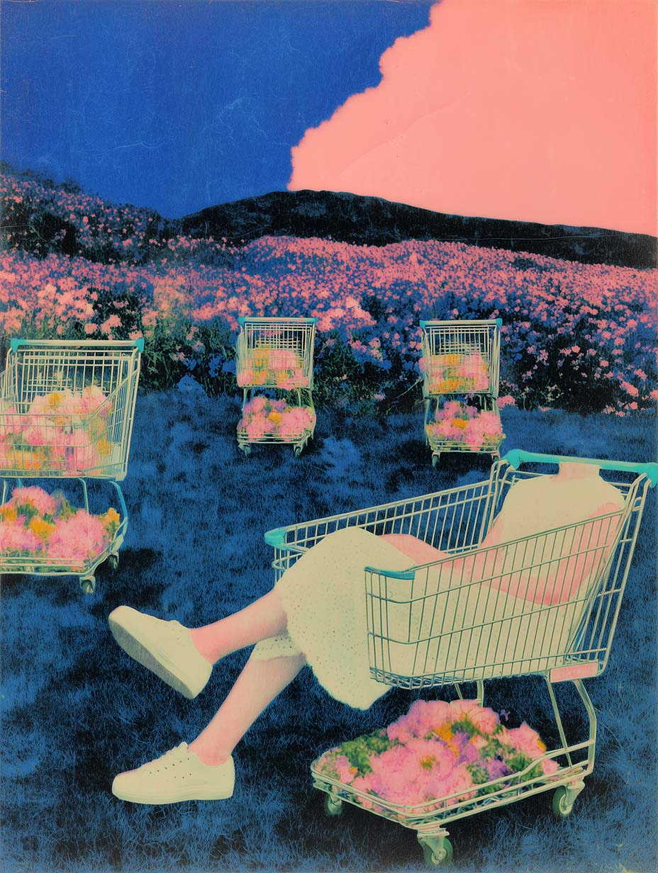 Surreal portrait of a man covering his face with blooming flowers, symbolic creative expression.