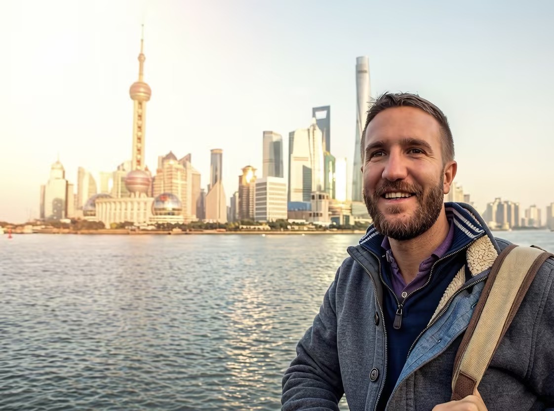 International teacher taking a selfie at Shanghai's Bund