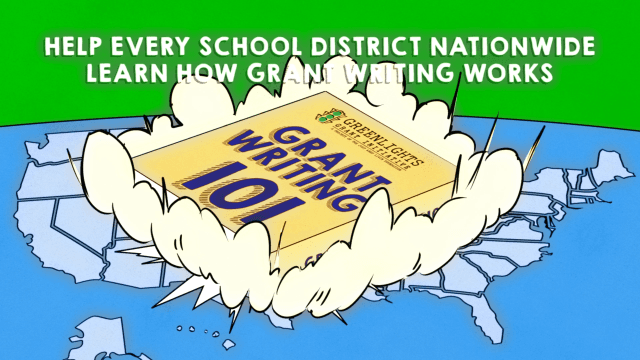 Cartoon-style motion graphic showing Grant Writing 101 book exploding over US map with text banner