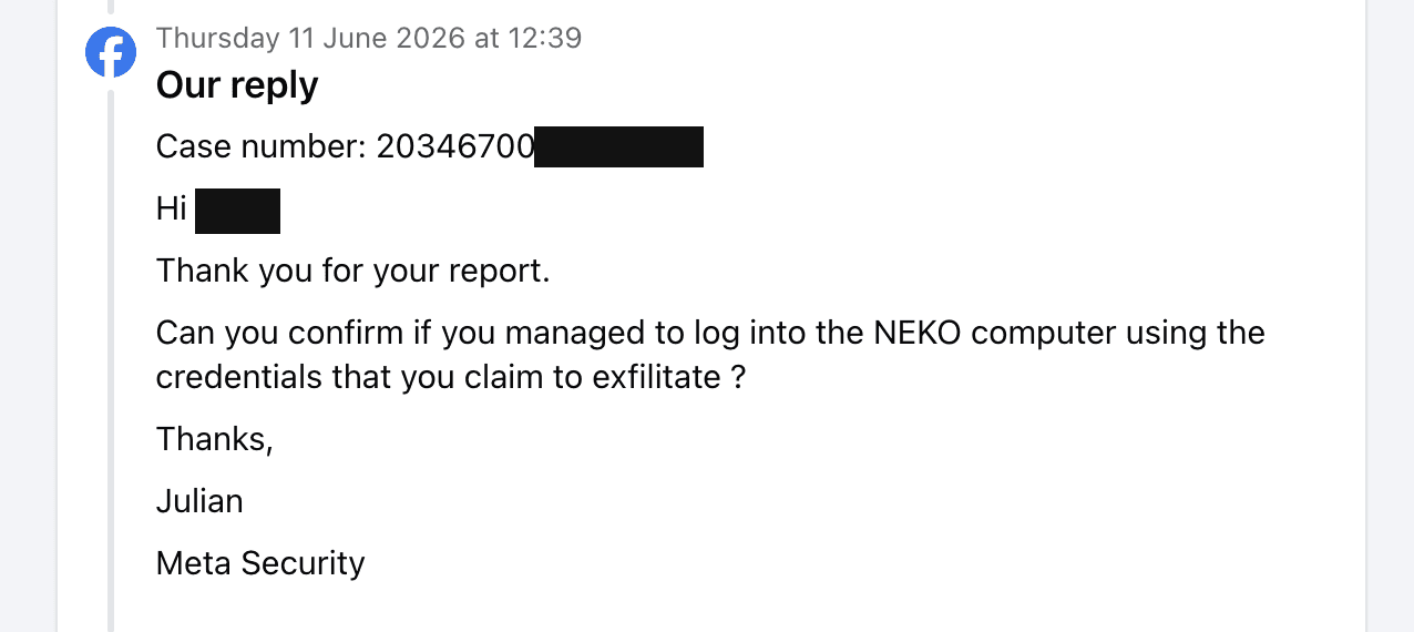 Meta Security's reply during triage. The researcher name and part of the case number are redacted.