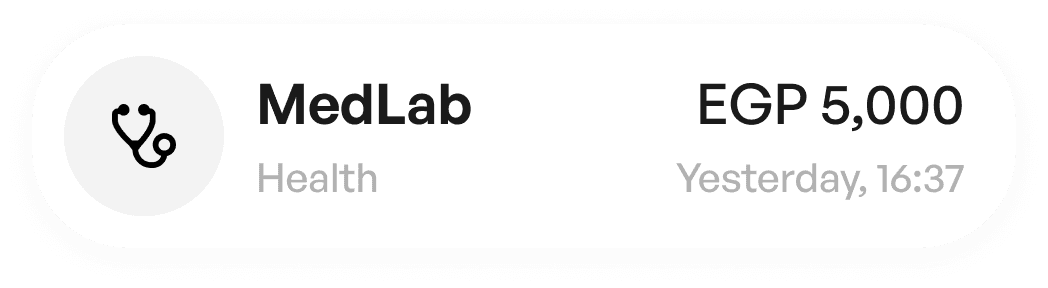 MedLab transaction card UI component — fintech app concept