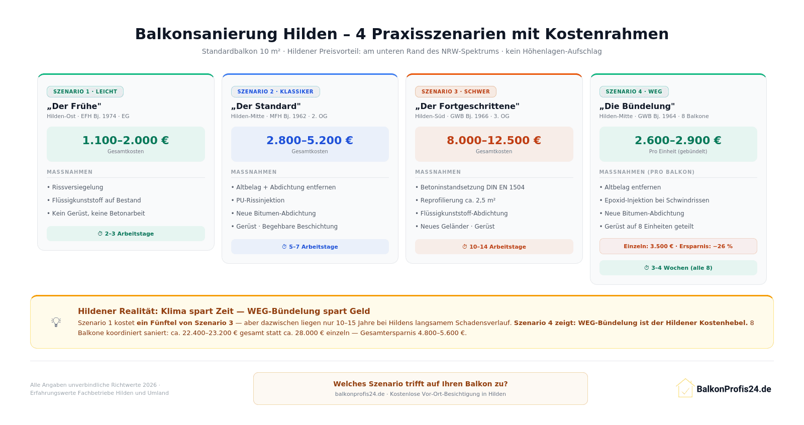 Infografik: Vier Praxisszenarien Balkonsanierung Hilden – Der Frühe (1.100–2.000 €, Hilden-Ost EFH EG), Der Standard (2.800–5.200 €, Hilden-Mitte MFH 2. OG), Der Fortgeschrittene (8.000–12.500 €, Hilden-Süd GWB 3. OG), Die Bündelung (2.600–2.900 € pro Einheit, −26 % vs. Einzeln). Insight: Klima spart Zeit, WEG-Bündelung spart Geld.