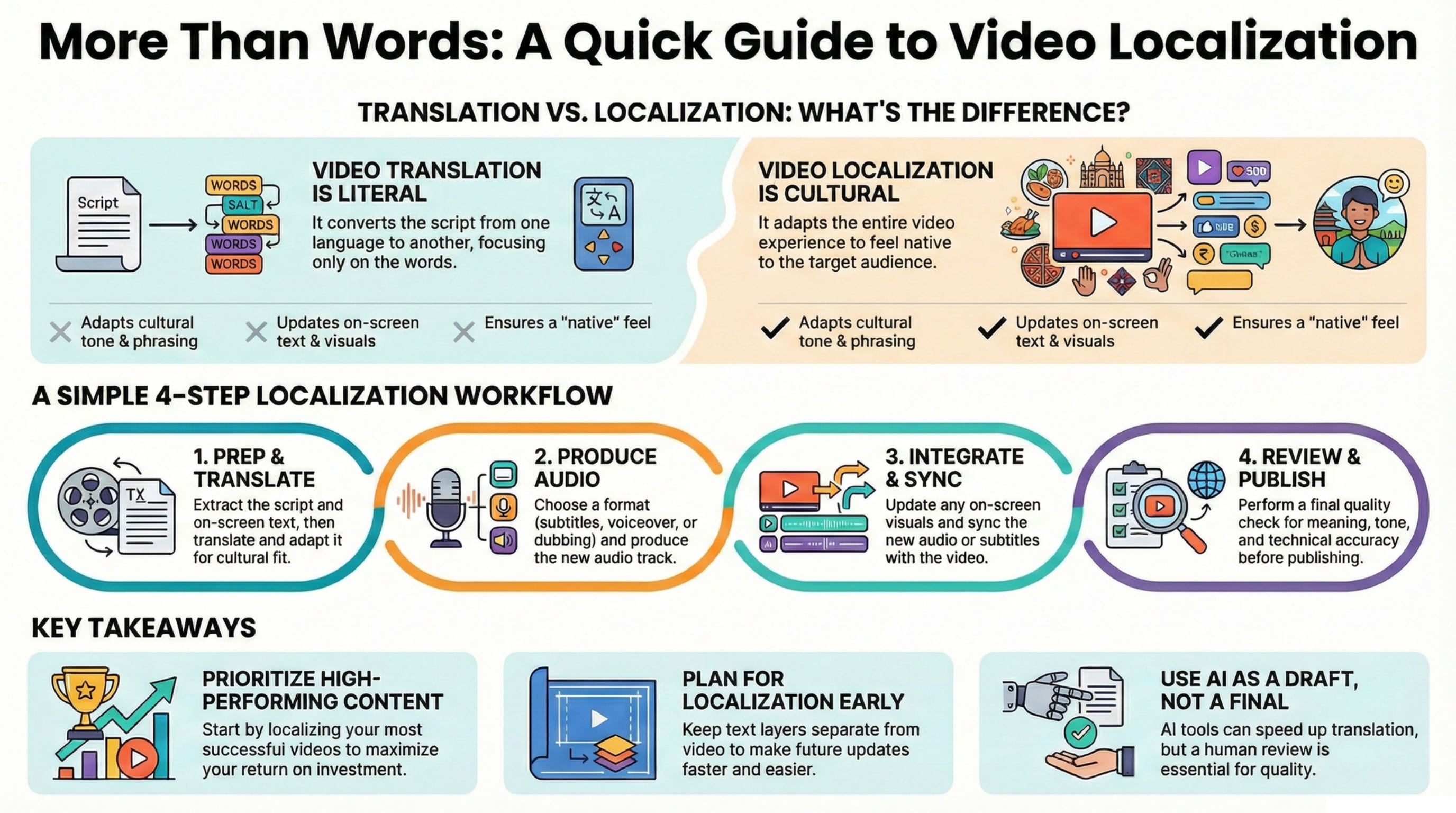 Infographic comparing video translation vs. localization with a 4-step workflow