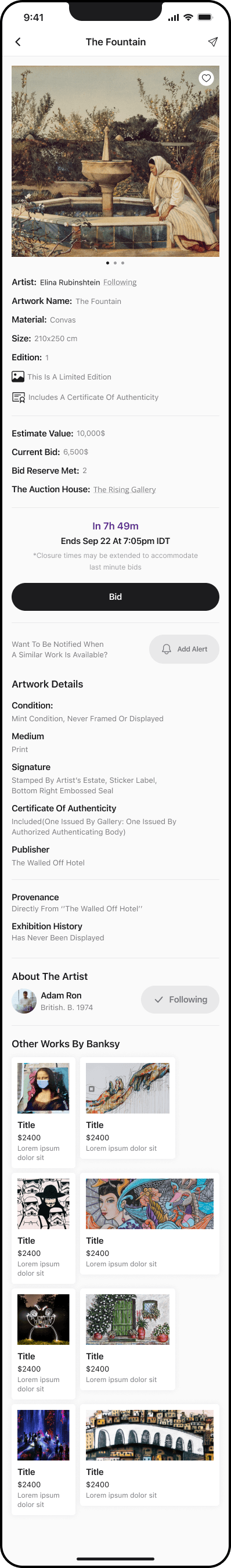 artyshock mobile app specific auction screen