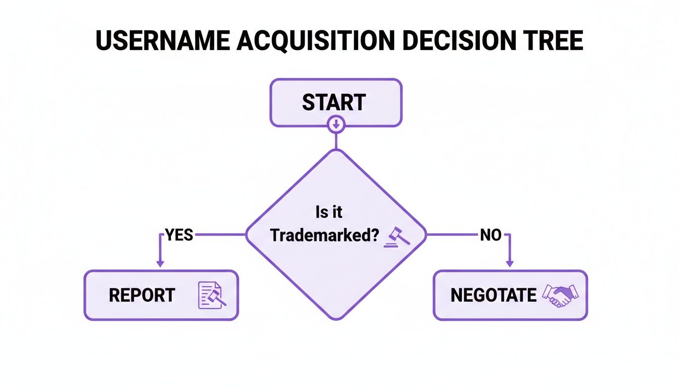 A decision tree flowchart for username acquisition, asking if the name is trademarked to report or negotiate.