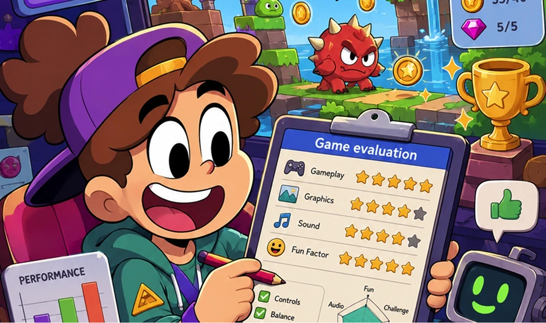 Cartoon player reviewing a game evaluation scorecard.