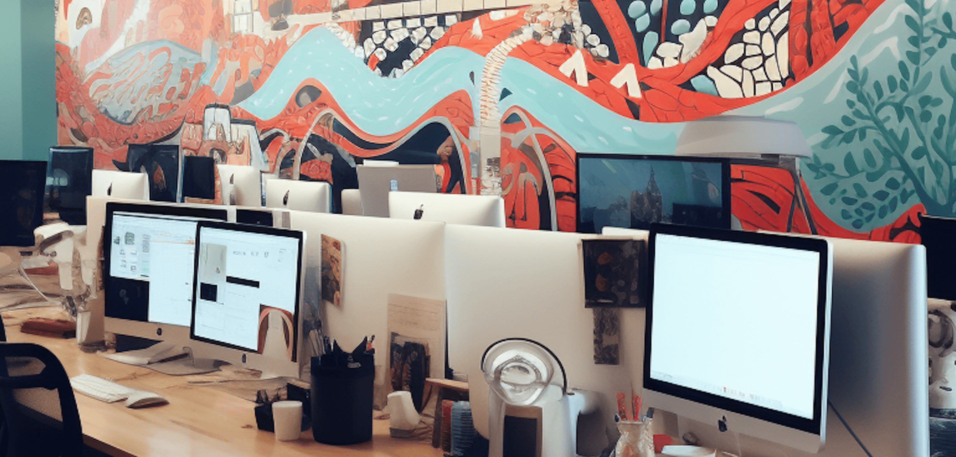 Row of iMacs on a long desk in a modern office with a colorful mural in the background
