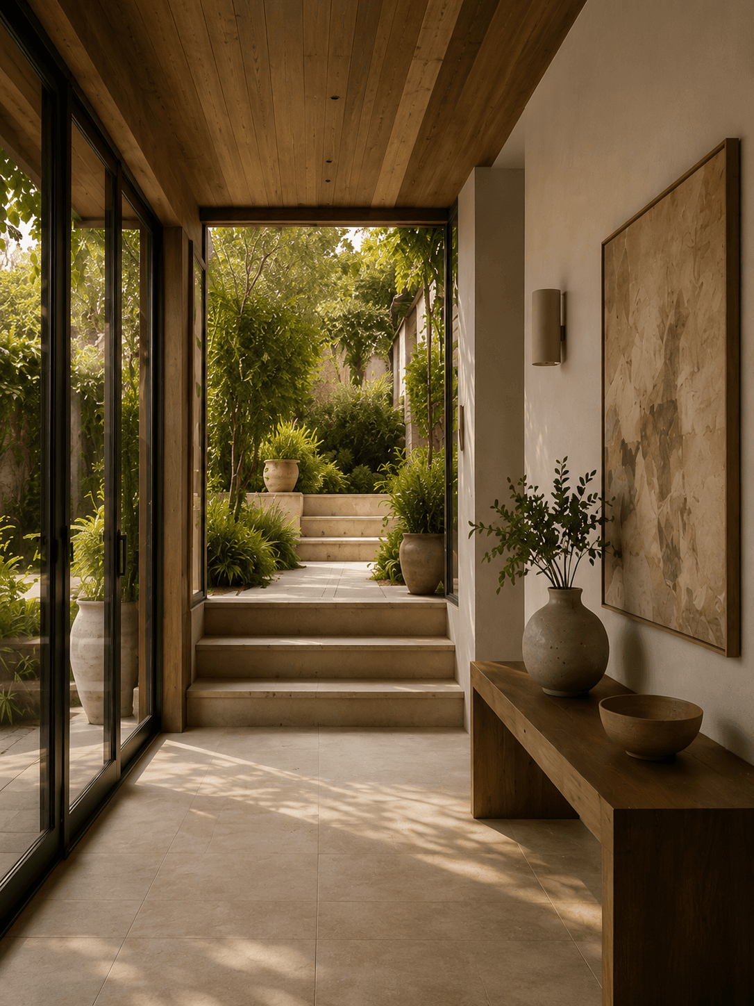 Serene corridor leading to a sunlit garden