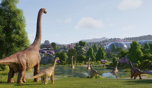 Screenshot Jurassic World Evolution 3 PC – Brachiosaurus majestueux dans un parc verdoyant sous ciel bleu sur KeyVerse Gaming