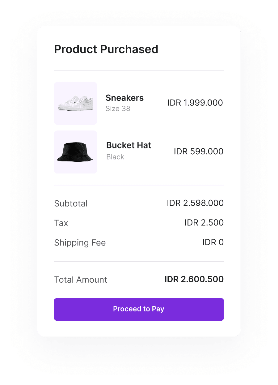 Checkout page showing itemized list of purchased products with name, quantity, and price